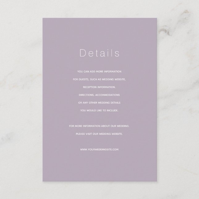 Tarjeta de detalles del Boda de Lilac Dusty Modern (Anverso)