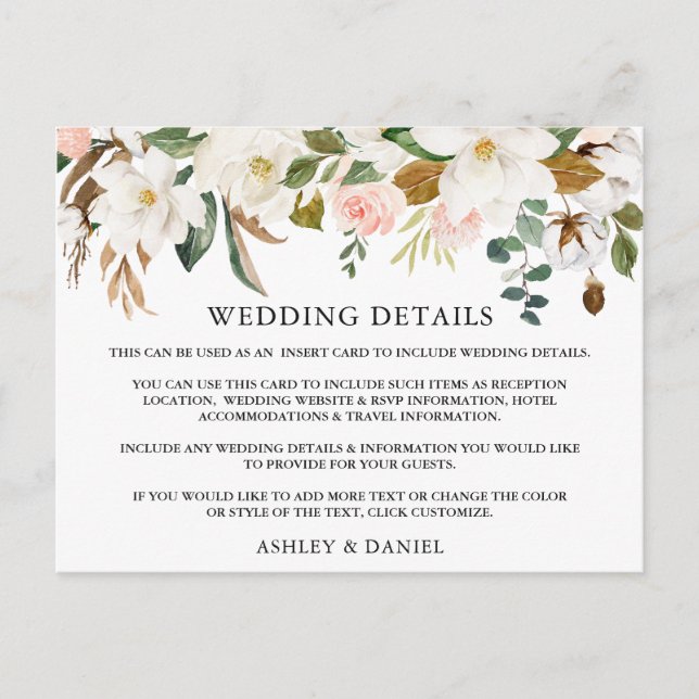 Tarjeta de detalles del Boda de los Rosas Magnolia (Anverso)