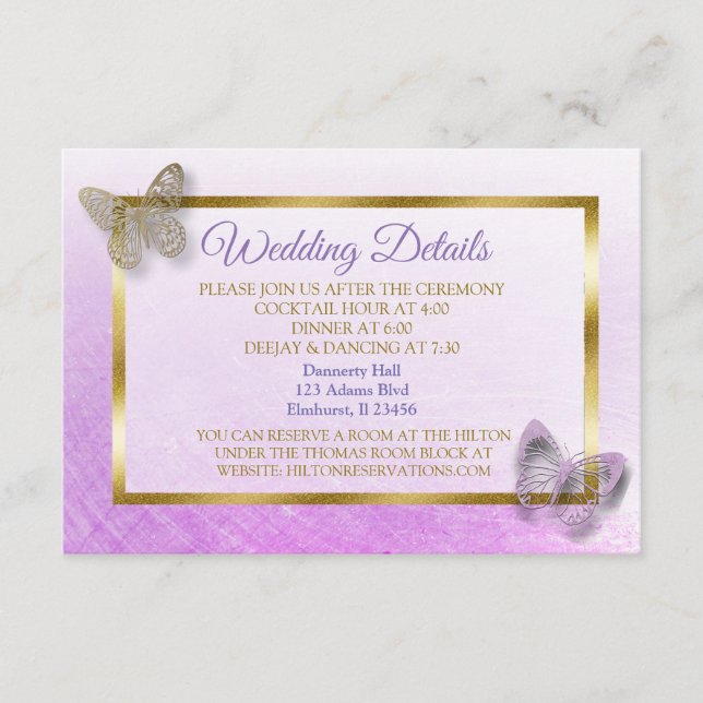 Tarjeta de detalles del Boda de mariposa morada y  (Anverso)