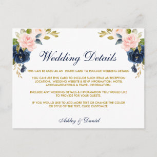 Tarjeta de detalles del Boda de oro azul floral ro