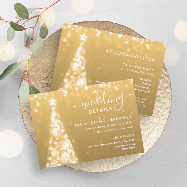 Tarjeta de detalles del Boda de oro del árbol de n (Festive Xmas Tree Gold Wedding Details Card)