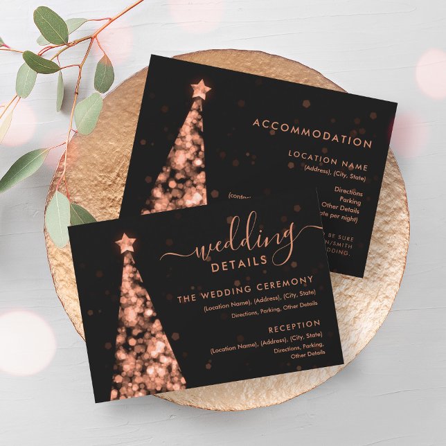 Tarjeta de detalles del Boda de oro Rosa de árbol  (Festive Xmas Tree Rose Gold Wedding Details Card)