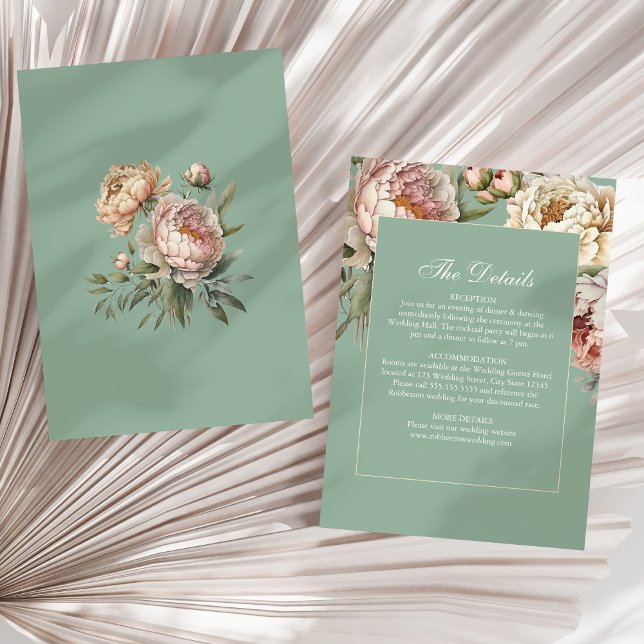Tarjeta de detalles del Boda de Pastel Sage y Rubo (Pastel Sage & Blush Peonies Wedding Details Card on a sunny neutral dry palm leaf.)