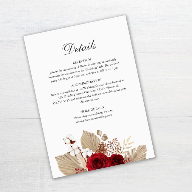 Tarjeta de detalles del Boda de Rosas de Borgoña (Burgundy Roses and Palm Leaves Wedding Details Card Template on gray table)