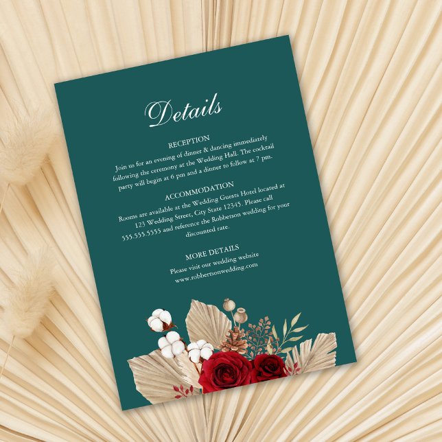 Tarjeta de detalles del Boda de Rosas de Borgoña v (Teal and Burgundy Wedding Detail Card template on dry palm leaf.)