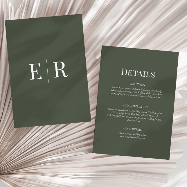 Tarjeta de detalles del Boda del monograma verde o (Olive Green Monogram Wedding Details Card on a sunny neutral dry palm leaf.)