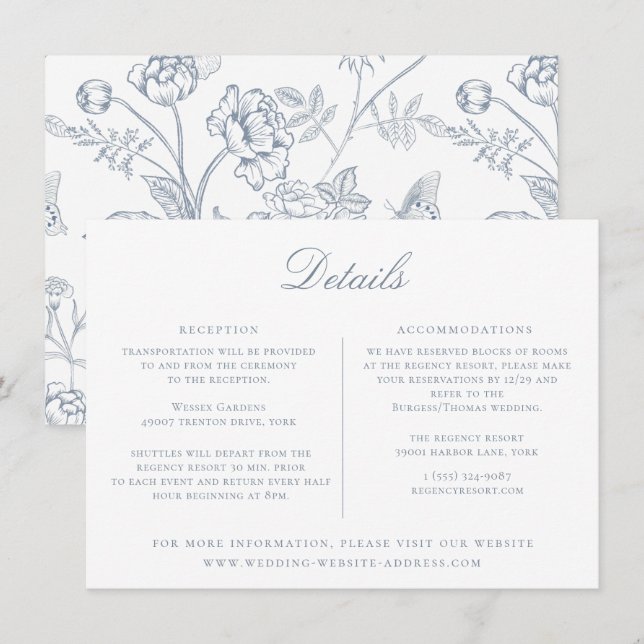 Tarjeta de detalles del Boda Dusty Blue Floral (Anverso / Reverso)