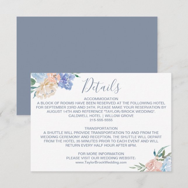 Tarjeta de detalles del Boda Dusty Blue Florals (Anverso / Reverso)