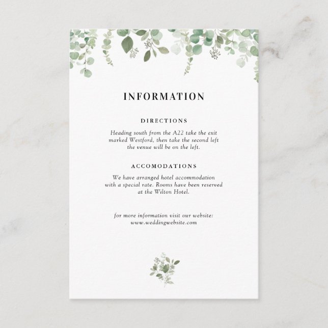 tarjeta de detalles del boda eucalipto greenerener (Anverso)