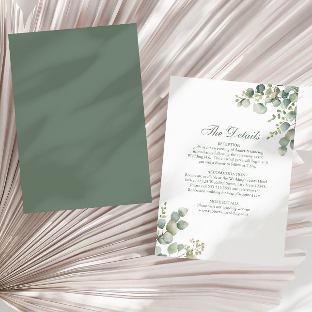 Tarjeta de detalles del Boda Eucalyptus (Modern Greenery Eucalyptus Wedding Details Card on a sunny neutral dry palm leaf.)