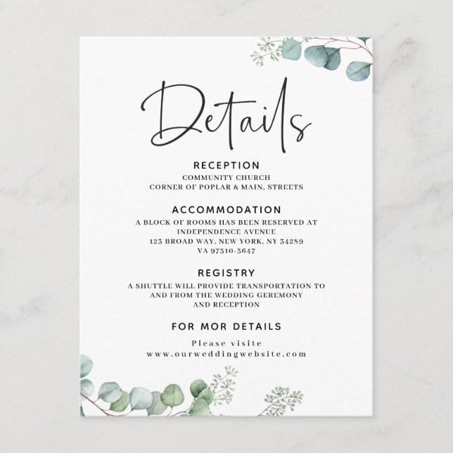 Tarjeta de detalles del Boda Eucalyptus (Anverso)