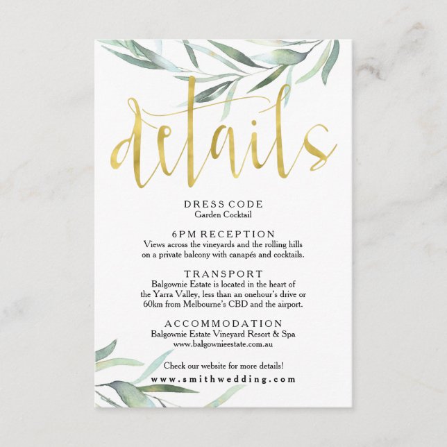 Tarjeta de detalles del Boda Eucalyptus Gold (Anverso)