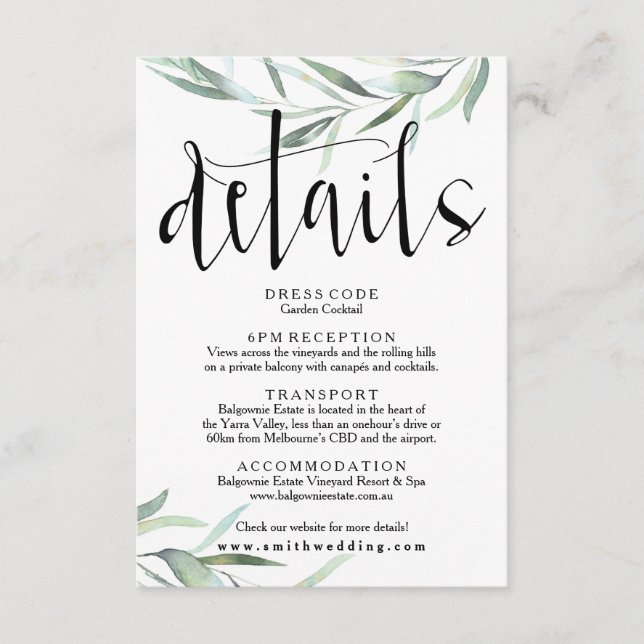Tarjeta de detalles del Boda Eucalyptus Rustic (Anverso)