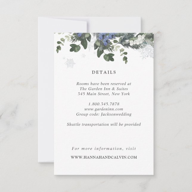 Tarjeta de detalles del Boda Evergreen de invierno (Anverso)