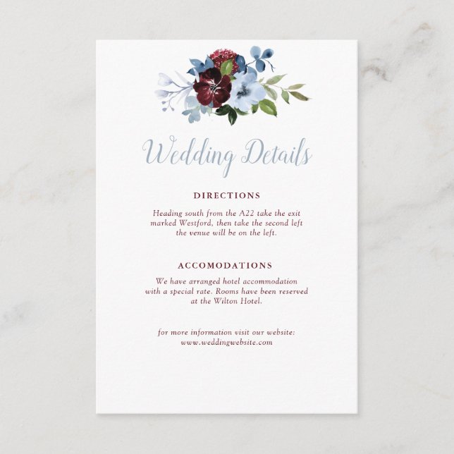 tarjeta de detalles del boda floral azul burgundy  (Anverso)