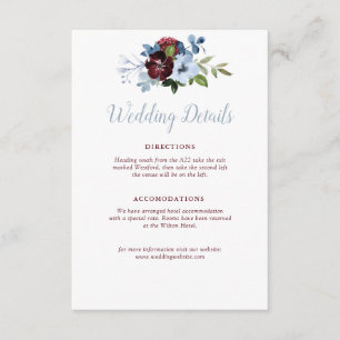 tarjeta de detalles del boda floral azul burgundy 