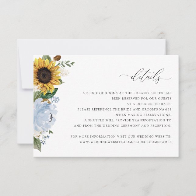 Tarjeta de detalles del Boda Floral Azul Dusty Sun (Anverso)