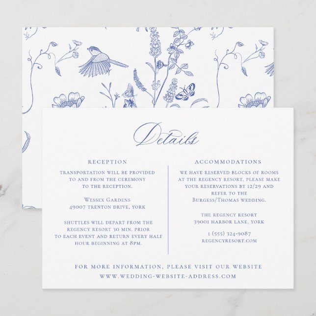 Tarjeta de detalles del Boda Floral Azul Regency (Anverso / Reverso)