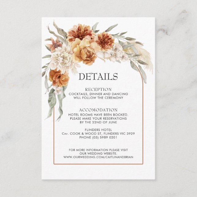Tarjeta de detalles del Boda Floral Boho Naranja q (Anverso)