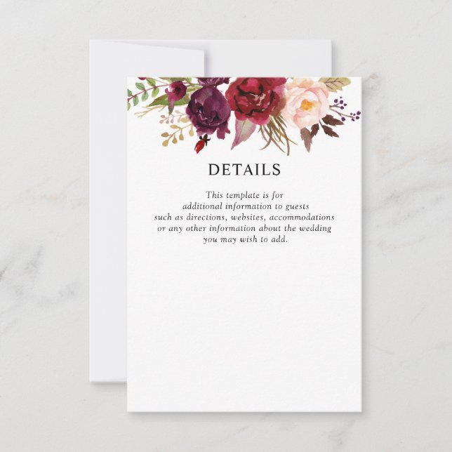 tarjeta de detalles del boda floral burgundy (Anverso)