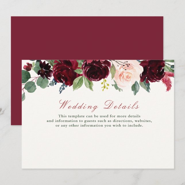 tarjeta de detalles del boda floral burgundy (Anverso / Reverso)