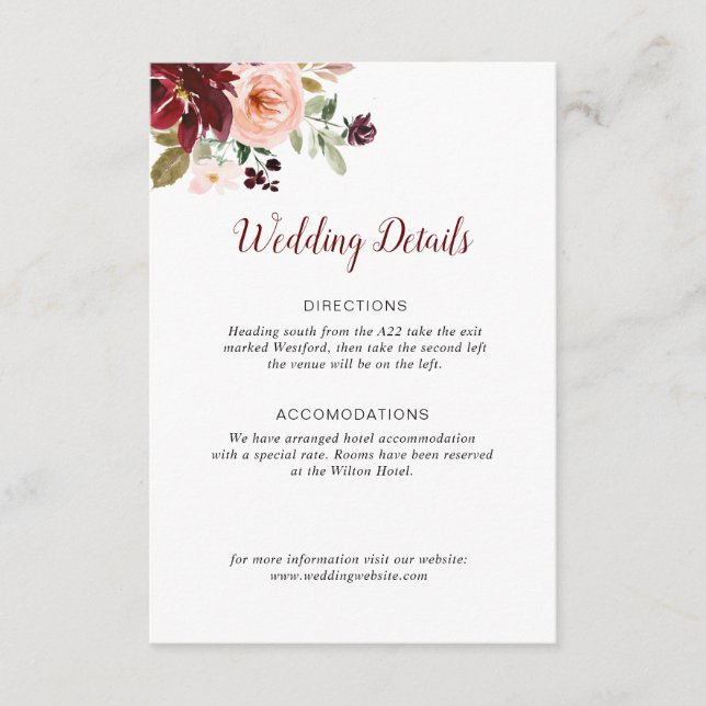 tarjeta de detalles del boda floral burgundy blush (Anverso)