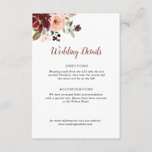 tarjeta de detalles del boda floral burgundy blush
