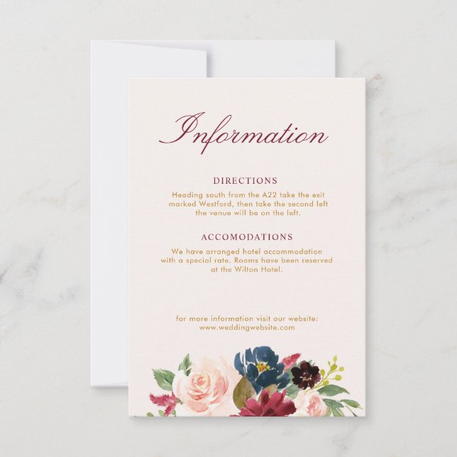 tarjeta de detalles del boda floral burgundy blush (Anverso)