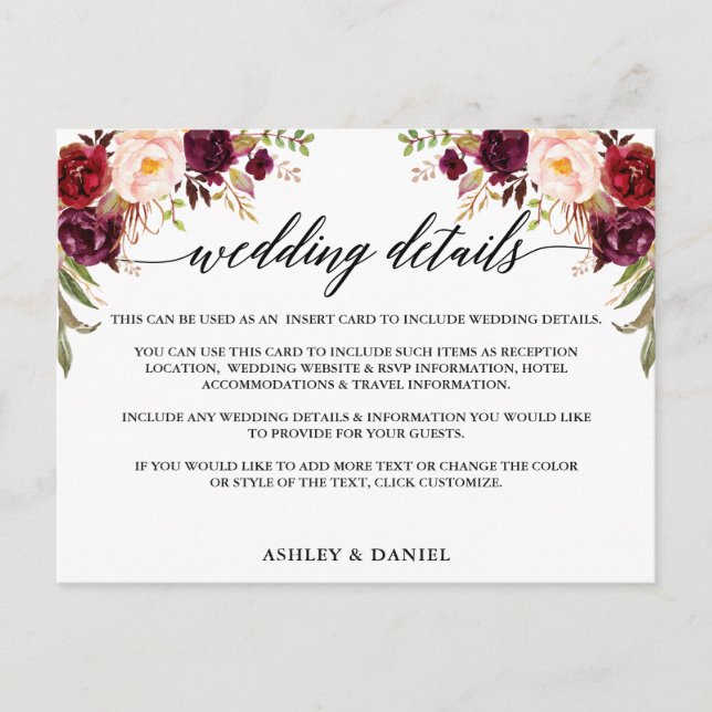 Tarjeta de detalles del Boda floral caligrafía de  (Anverso)
