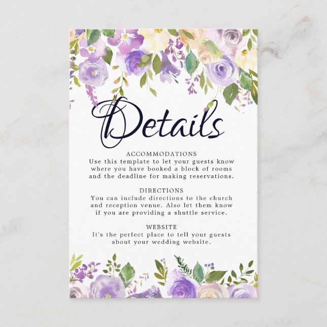 Tarjeta de detalles del Boda floral de crema púrpu (Anverso)