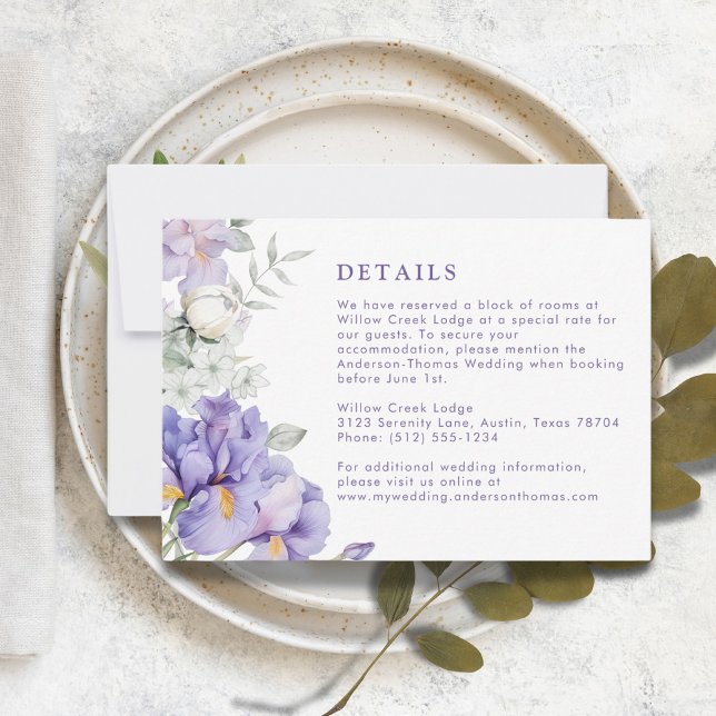 Tarjeta de detalles del Boda floral de iris morado (Romantic Purple Iris Floral Wedding Details Card)