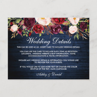 Tarjeta de detalles del Boda floral de madera azul
