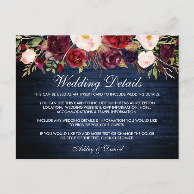 Tarjeta de detalles del Boda floral de madera azul (Anverso)