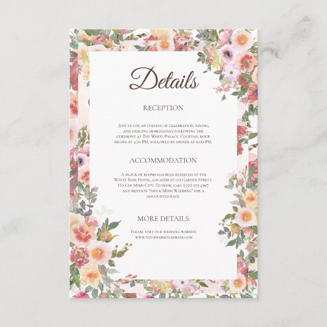 Tarjeta de detalles del Boda floral de Rubor (Anverso)