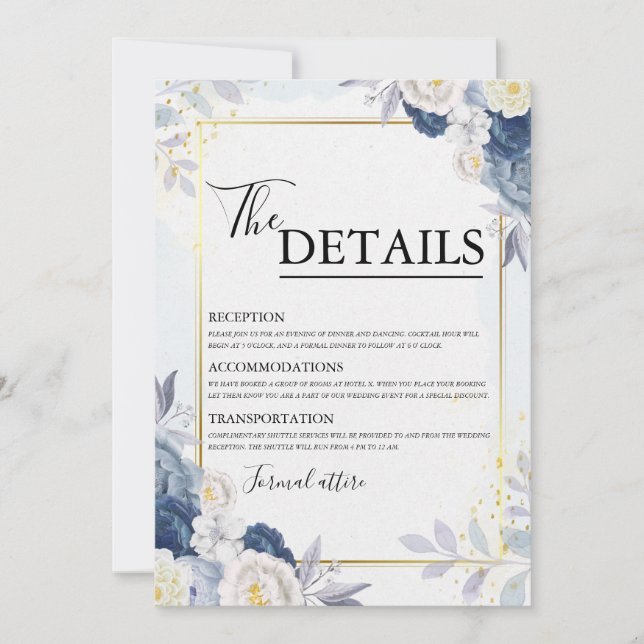 Tarjeta de detalles del Boda Floral Dusty Blue y G (Anverso)