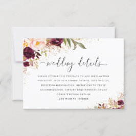 Tarjeta de detalles del Boda floral Gold Burgundy