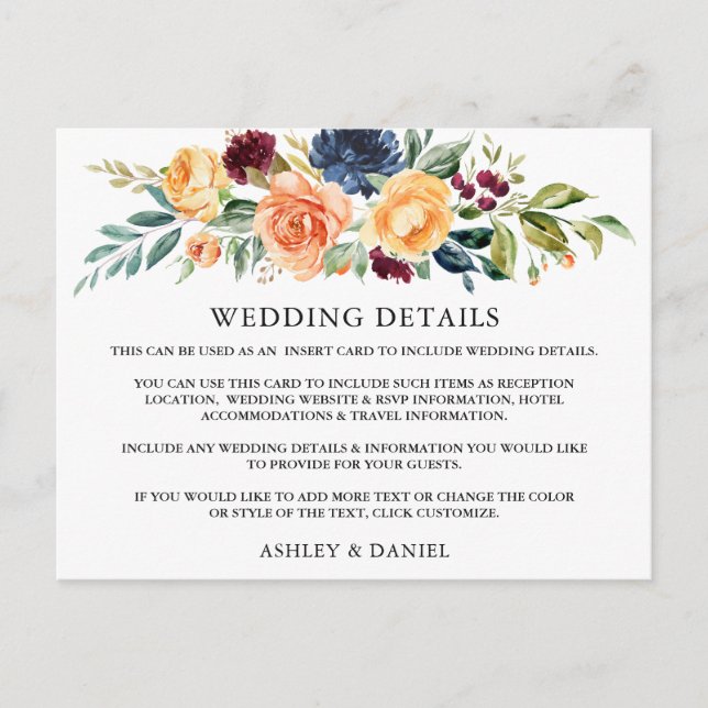 Tarjeta de detalles del Boda floral mixto acuarela (Anverso)