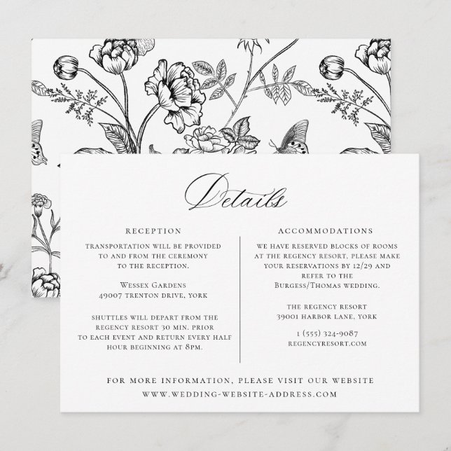 Tarjeta de detalles del Boda floral negro Regency  (Anverso / Reverso)