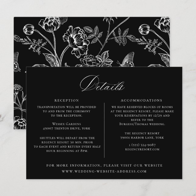 Tarjeta de detalles del Boda floral negro Regency  (Anverso / Reverso)