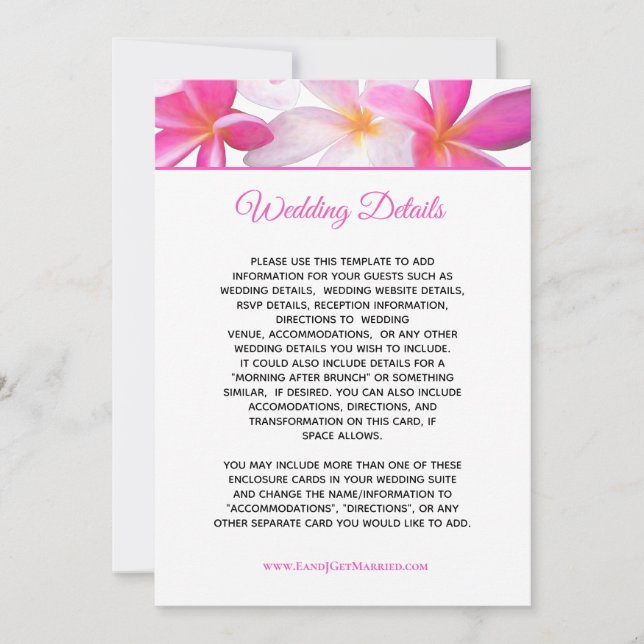 Tarjeta de detalles del Boda floral Plumeria rosa  (Anverso)