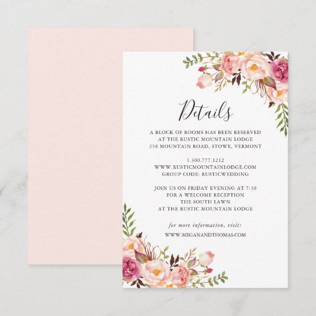 Tarjeta de detalles del Boda floral rosa (Anverso / Reverso)