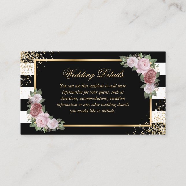 Tarjeta de detalles del Boda floral rosa negro y b (Anverso)