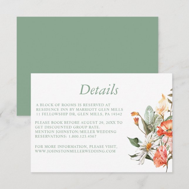 Tarjeta de detalles del Boda floral rosa Sage Gree (Anverso / Reverso)