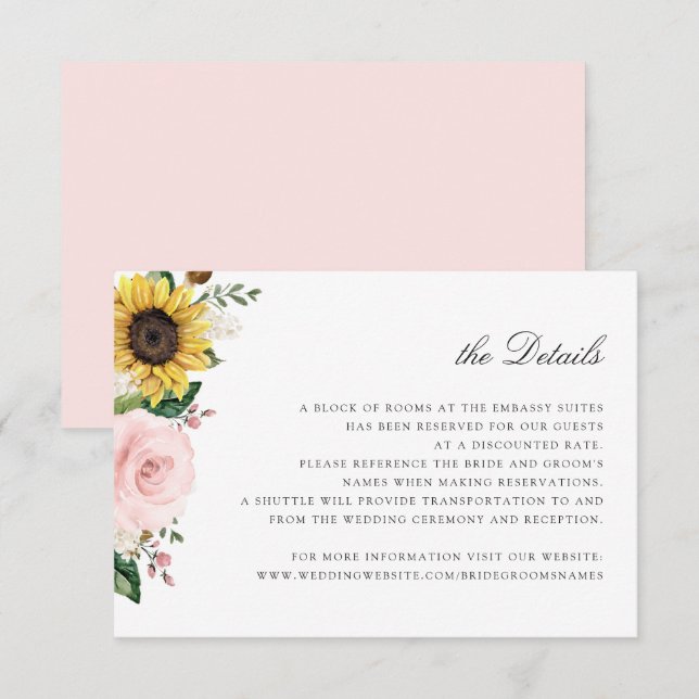 Tarjeta de detalles del Boda floral rosa Sunflower (Anverso / Reverso)