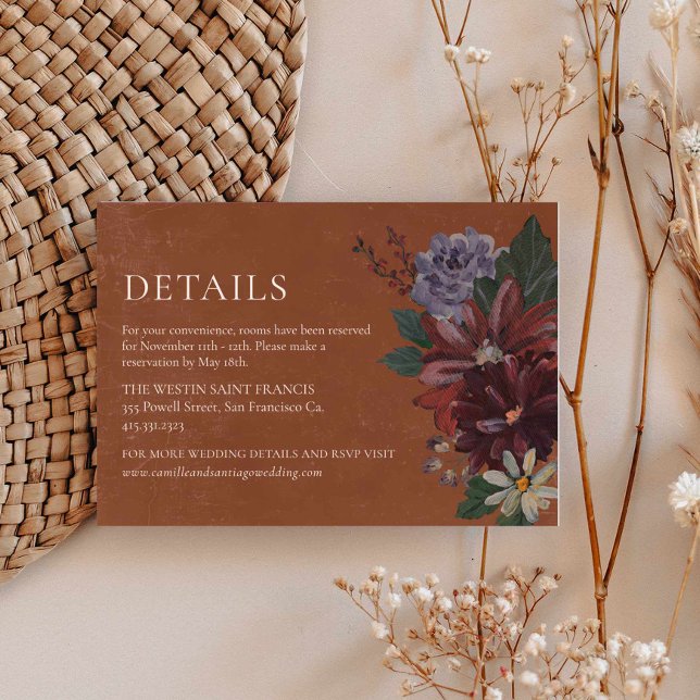 Tarjeta de detalles del Boda floral Terracotta Moo (Terracotta Moody Floral Fall Details Wedding Card)
