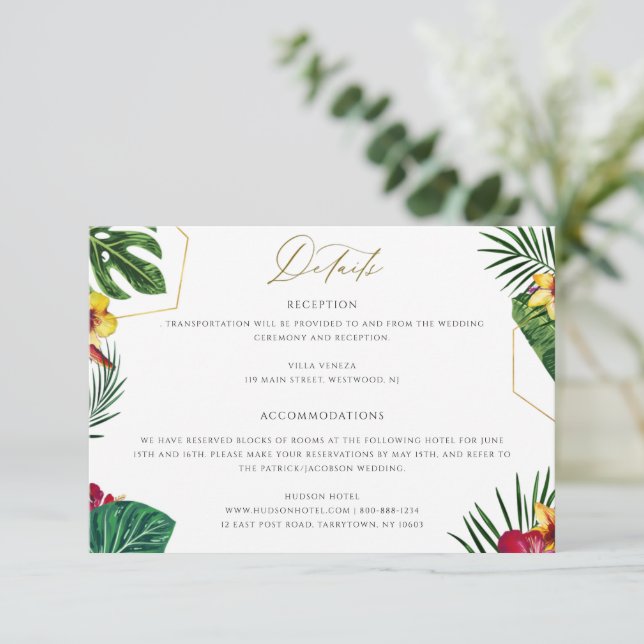 Tarjeta de detalles del Boda floral tropical (Anverso de pie)