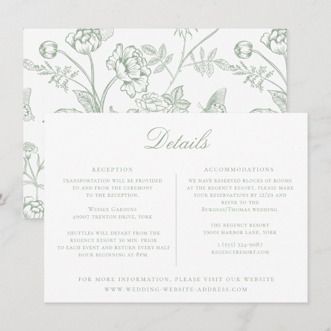 Tarjeta de detalles del Boda floral verde sabio (Anverso / Reverso)