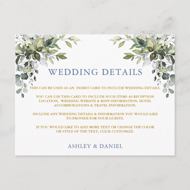 Tarjeta de detalles del Boda Green Dusty Blue Gold (Anverso)