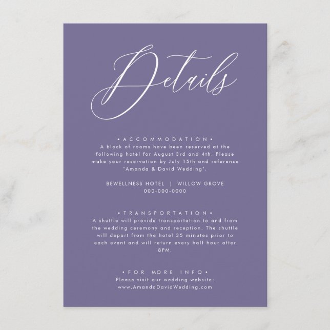 Tarjeta de detalles del Boda Lavender Purple Lilac (Anverso)