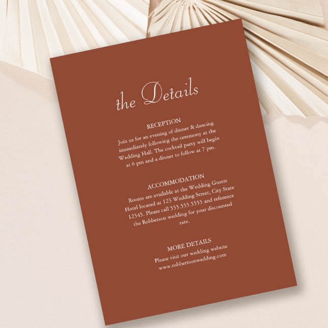 Tarjeta de detalles del Boda Minimalista moderno T (Terracotta Modern Minimalist Wedding Details Card on light blush background)